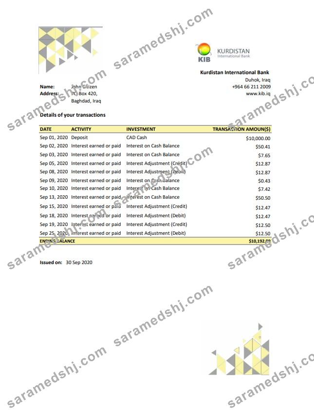 Iraq Kurdistan International Bank proof of address statement template in Excel and PDF format